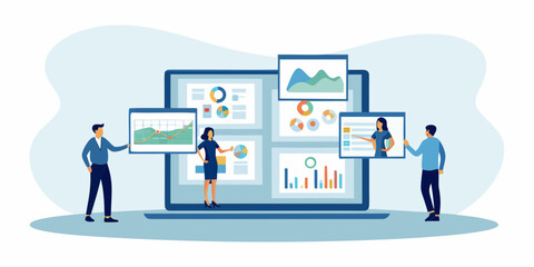 Naklejka premium Data analysis and business strategy visualized with digital dashboards and people