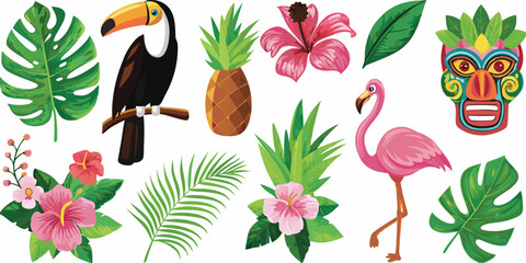Fototapeta premium A vibrant collection of tropical birds fruits flowers and masks