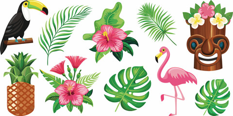 Fototapeta premium Tropical illustration featuring a toucan flamingo and lush foliage