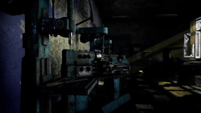 Dimly lit machine row at night, rusted drill presses and metal benches receding into deep blue shadows, cinematic grain and textured surfaces, empty production