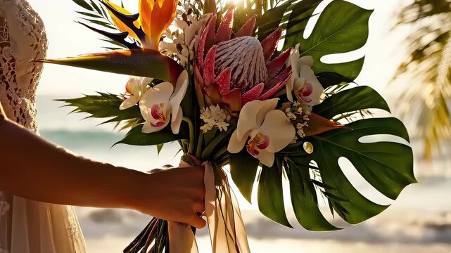 Woman in elegant dress holds vibrant tropical bouquet with exotic flowers and greenery against a sunlit beach backdrop, showcasing the beauty of nature and celebration in a serene coastal setting
