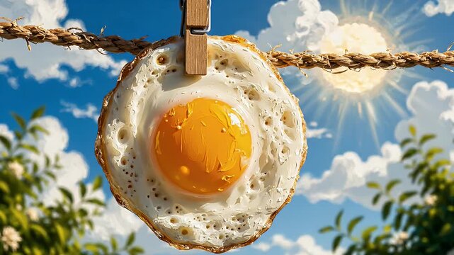 Sunny Side Up Egg Hanging on a Clothesline Under a Brilliant Blue Sky with Bright Sunlight