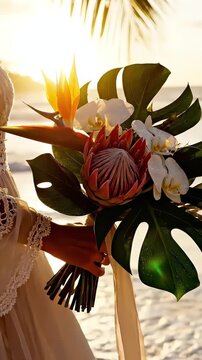 Woman in light dress holds vibrant tropical bouquet featuring protea, orchids, and bird of paradise against a sunset beach backdrop, with ocean waves and palm leaves framing the scene