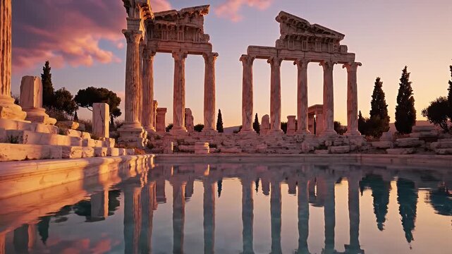 Sunset Over Ancient Ruins with Marble Columns Reflecting in a Serene Pool of Water