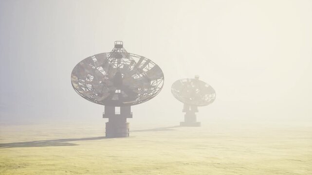 Foggy field with radio dishes, calm earlymorning atmosphere with twin parabolic antennas rising from dewcovered grass, diffuse light softening metal surfaces,