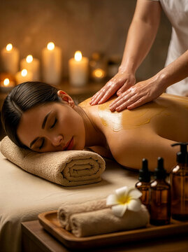 Relaxing massage session in a spa with candles and essential oils
