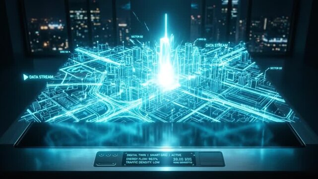 Futuristic city model holographic digital twin technology smart grid data stream glowing blue light interface urban planning modern architecture night cityscape with energy flow and traffic density