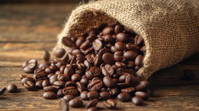 High angle video of roasted dark coffee beans spilling out from a burlap sack onto a rustic wooden table for coffee advertising