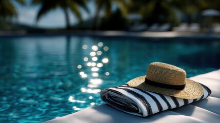 Obraz premium Straw hat and striped towel on poolside lounger, shimmering turquoise water at tropical resort, sunny ambiance.