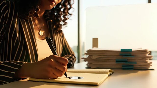 Woman writes in notebook at office desk near paper stack. Professional woman writing notes in notebook. Woman works with notebook and paper documents. Writing in notebook near stacked paperwork.