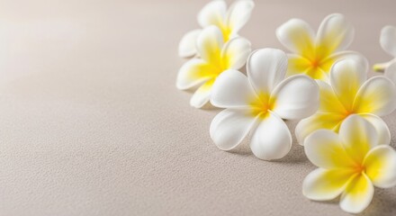Beautiful white and yellow plumeria flowers on sandy surface