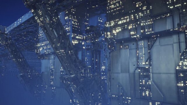 Glowing facade densely studded with tiny lights, vertical structural ribs and service gantries creating towering urban nightscape with hightech industrial