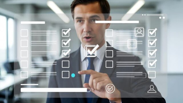 Businessman touchscreen checklist digital interface technology in modern office corporate professional success concept confident businessman using virtual checkbox selection and digital survey