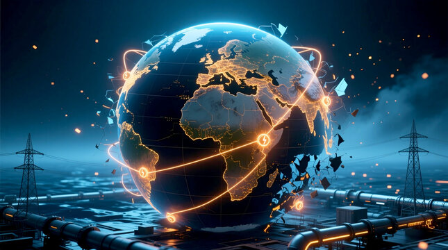 Global energy network disruption of world power grid with failing infrastructure nodes on digital Earth illustrating the critical war impact on energy supply