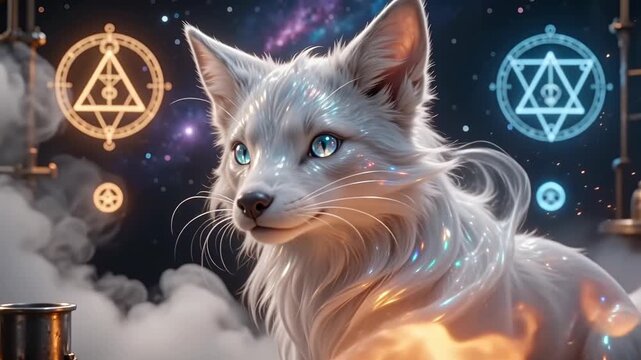 Futuristic fox with glossy fur on a background of mystical signs