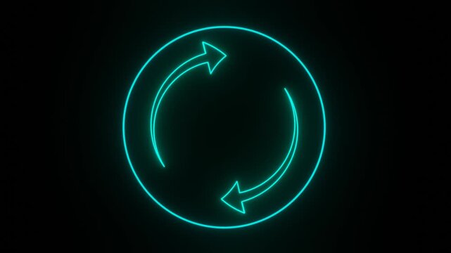 Neon cyan glowing refresh cycle arrows circle loop animation on dark black background