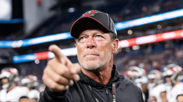 Male football coach in black jacket and cap gestures emphatically while directing players on the field during a night game in a stadium filled with spectators