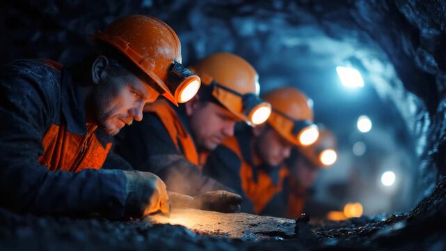 Group of male miners in orange safety gear using tools to extract minerals from rock inside a dark underground mine with headlamps illuminating the scene