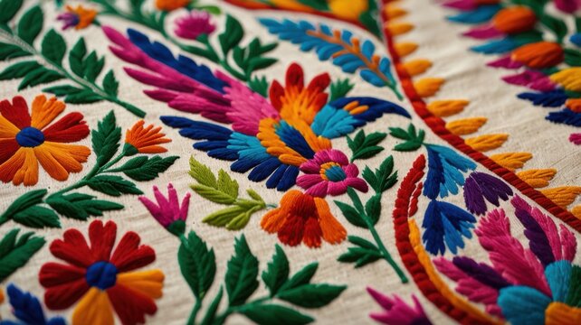 Tenango Fabric Mexico Material Otomi Embroidered Cotton With Folk Art Motifs Background