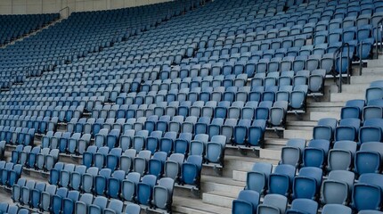 Fototapeta premium A large empty stadium seating area with blue chairs indoors