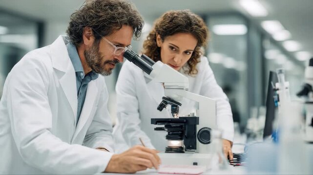 Male and female scientists in white lab coats examine microscope samples and take notes in a modern laboratory with scientific equipment and glassware visible in the background