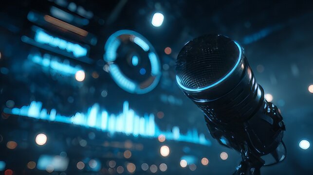 Mic on stage with  dark blue and red light effects sound waves visualizations for studio recording, podcasting, live stage. microphone positioned in front of a digital wave front background 
