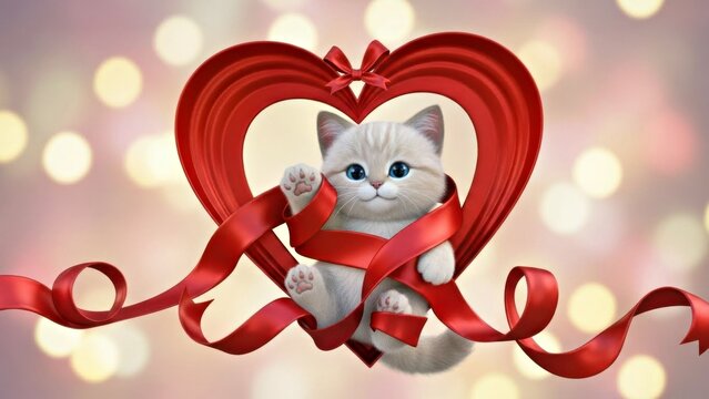  Kitten Wrapped in Heart Ribbon 