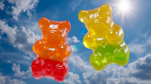 Colorful gummy bears in orange, yellow, and green hues float against a bright blue sky with fluffy clouds, showcasing their vibrant and playful appearance in natural light