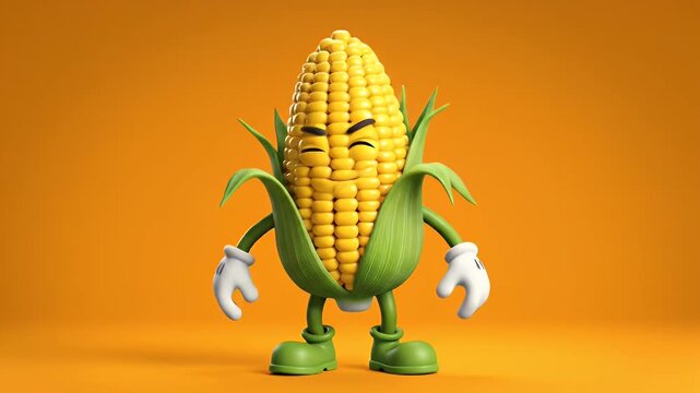 Cheerful anthropomorphic corn cob character posing confidently against a bright orange backdrop