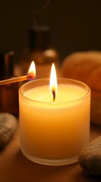A lit match ignites a glowing candle in a serene spa setting with smooth stones
