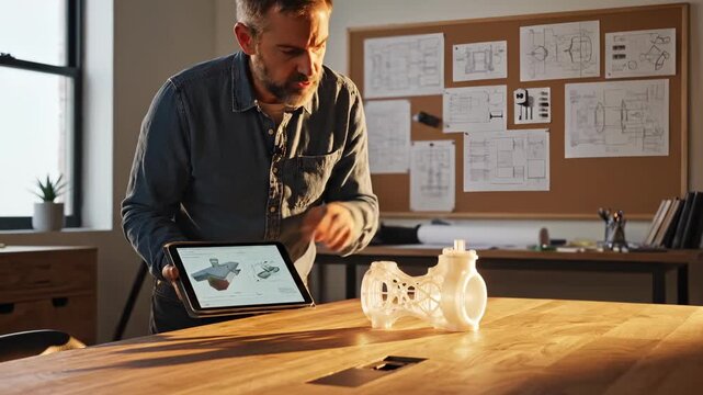 Engineer examines prototype with tablet showing design in studio. Designer checks 3D printed model with tablet. Man compares prototype to digital design. Engineer works with printed model in office.