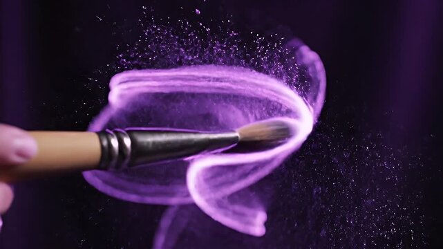 Close-up makeup brush with purple-tipped bristles against a dark background for dramatic lighting