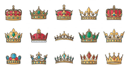 Collection of ornate royal crowns and tiaras with jewels. © Rendi