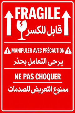 Fragile Package Handle With Care Sign French Arabic Broken Glass Vertical Label