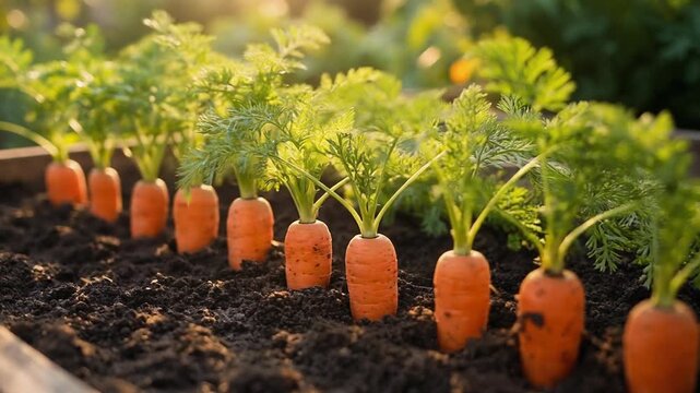 Row of fresh orange carrots growing in dark soil of a raised garden bed at sunset