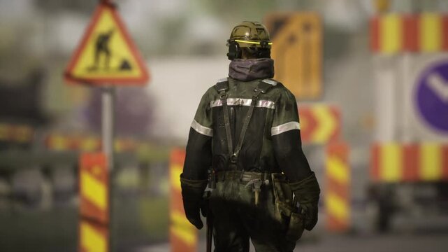 Rearview marshal coordinating roadside control operation with reflective gear and radio, positioning barriers and signpost to detour vehicles, calm methodical