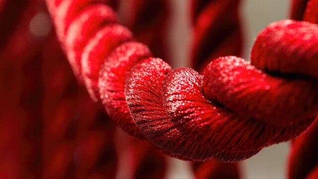 Close-up view of intertwined red ropes showcasing texture and shine, highlighting the intricate details of the fibers in a well-lit indoor setting