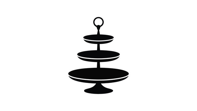 Black silhouette vector icon of three-tier serving stand with loop handle, minimal catering design symbol for desserts, pastries, and hospitality use