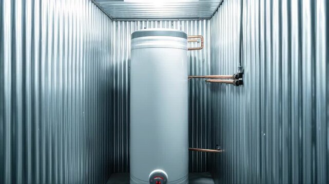 Water heater with copper pipes positioned in a metallic storage unit, showcasing the gradual shift in angle and perspective across three sequential frames