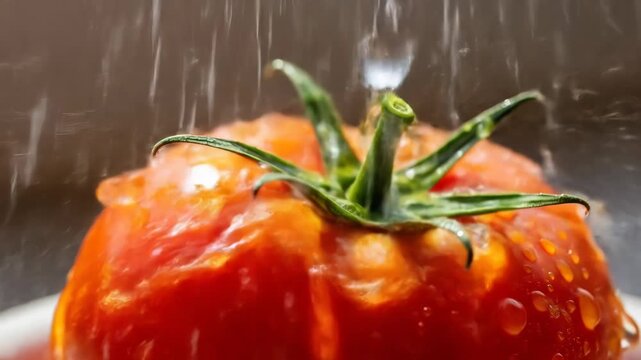 A close-up of a vibrant red tomato with green leaves being showered with water droplets
