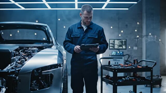 Mechanic checks car with tablet in garage workshop. Technician uses tablet for engine diagnostic. Mechanic works near car with digital tablet. Service technician inspects engine in garage bay.