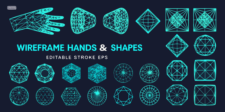 Collection of glowing blue wireframe hands and geometric shapes
