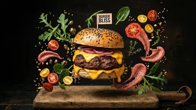 Deconstructed Gourmet Cheeseburger Explosion Levitating Above Wooden Board with Fresh Ingredients and Burger Bliss Flag