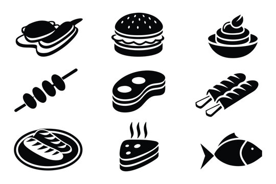 Black and white set of various barbecue and food