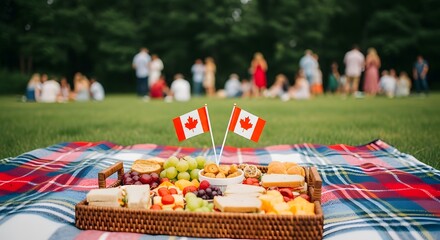 Celebrating canada day with a patriotic picnic in the park with canadian flags and traditional food