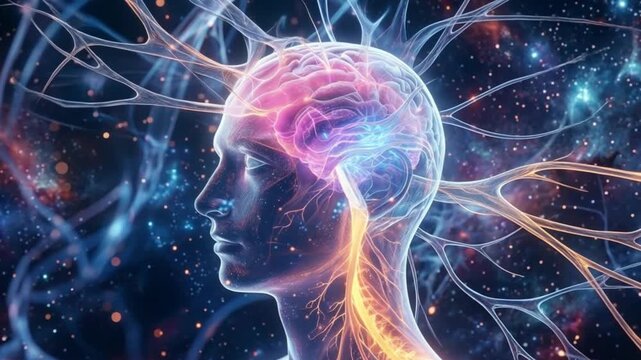 Mind's Cosmic Tapestry: A luminous representation of the mind, with a person's profile interwoven with intricate neural networks and celestial elements.