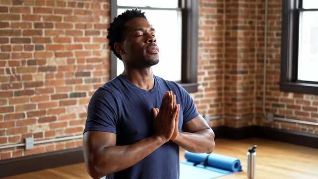 Man practices yoga meditation with prayer hands in brick studio. Male athlete doing namaste pose near mat. Man meditating with prayer hands. Yoga practice in brick studio with mat and bottle.