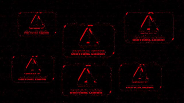 multiple red warning pop ups, Critical error system crash animation 4k in black background 