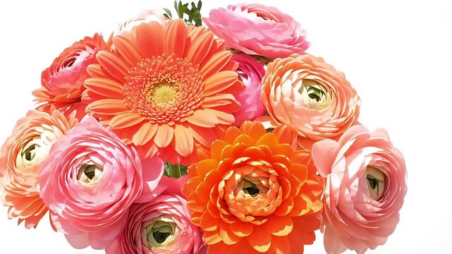 Orange gerbera daisy and pink ranunculus floral bouquet arrangement isolated on a white background with vibrant summer colors and fresh blooming petals