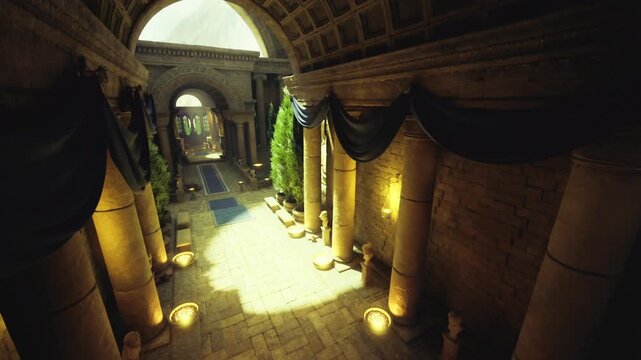 Sunlit procession corridor with blue carpet, towering columns, glowing sconces, ceremonial steps, lush planters, regal atmosphere, eventready elegance.